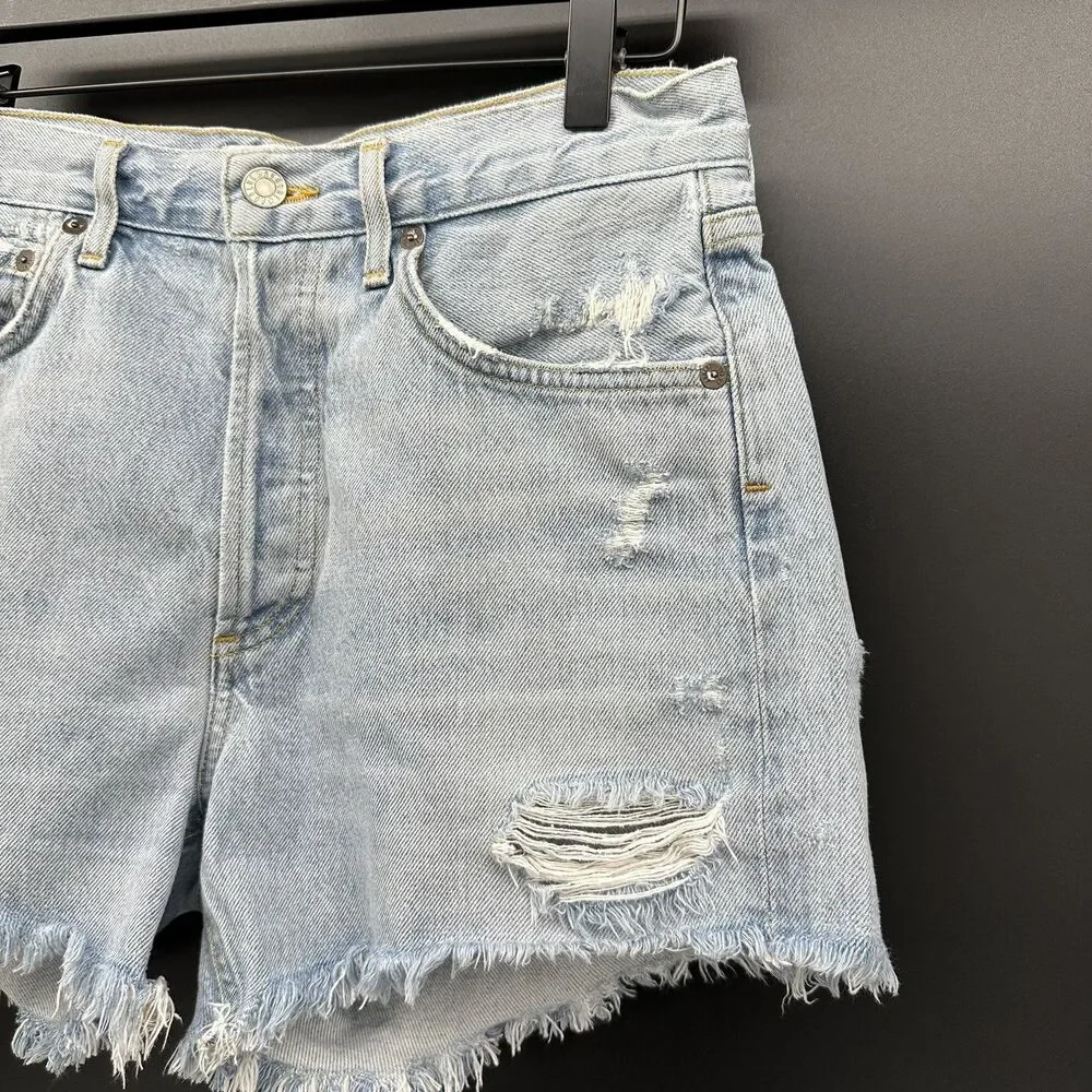 AGOLDE Micah Boyfriend Distressed Light Denim Raw Hem Short in Swapmeet Size 25